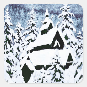 Pegatina Cuadrada Capilla en la nieve