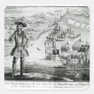 Pegatina Cuadrada Capitán Bartholomew Roberts con dos barcos