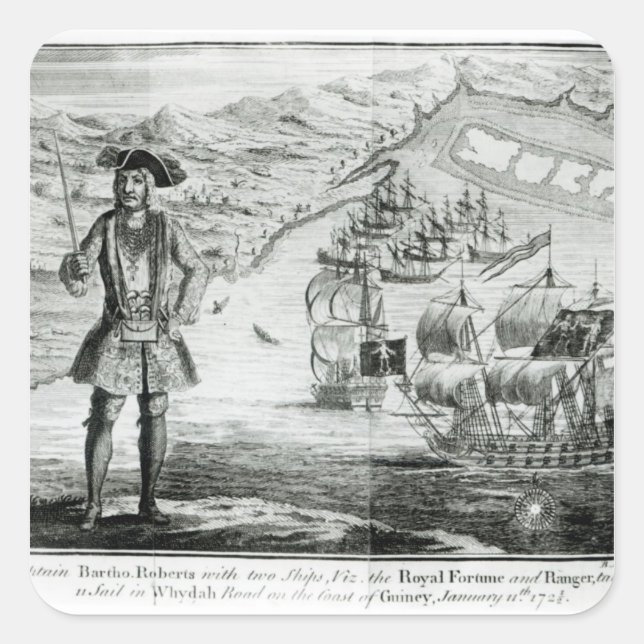 Pegatina Cuadrada Capitán Bartholomew Roberts con dos barcos (Anverso)