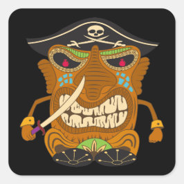 Pegatina Cuadrada Capitán pirata, estatua de Tiki, negro divertido