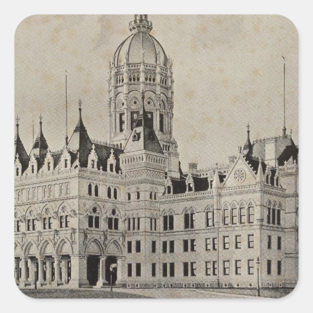 Pegatina Cuadrada Capitolio Estatal de Hartford (Anverso)