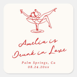 Pegatina Cuadrada Caprichosa Despedida de Soltera Roja Dibujada a Ma