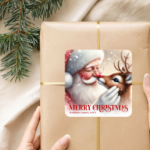 Pegatina Cuadrada Caprichosa Navidad Personalizada Santa y Rudolph