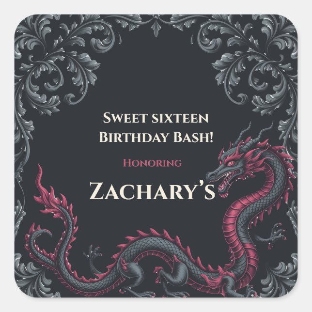 Pegatina Cuadrada Caprichoso Dragón Negro Rojo Damascado Fiesta de D (Anverso)