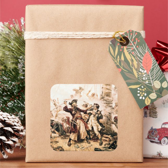 Pegatina Cuadrada Captura, barba negra pirata, venganza de la reina  (Vacaciones)