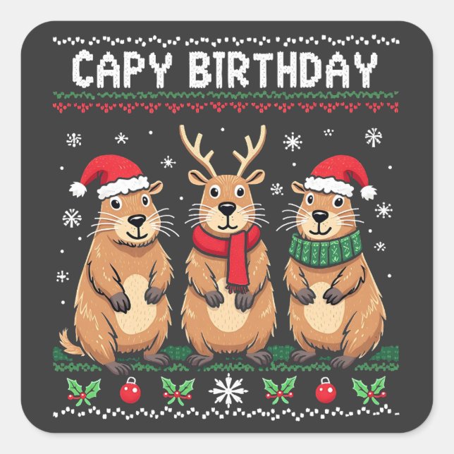 Pegatina Cuadrada Capy Birthday Navidades feos suéter Capybara (Anverso)