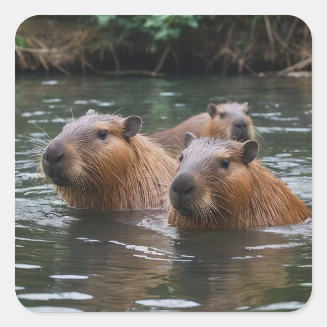 Pegatina Cuadrada Capybaras nadando en el río,  (Anverso)