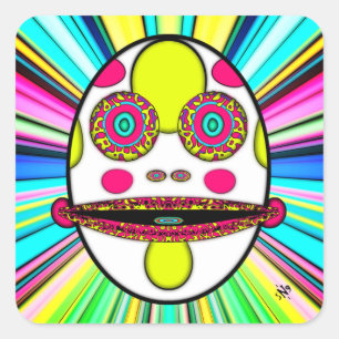 Pegatina Cuadrada Cara colorida de huevo psicodélico v1