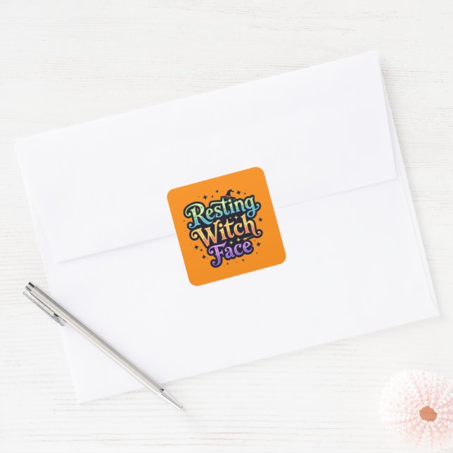 Pegatina Cuadrada Cara de bruja en marcha (Sobre)