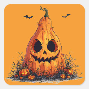 Pegatina Cuadrada Cara de Calabaza Sonriente Fantasmagórica de Hallo