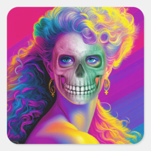 PEGATINA CUADRADA CARA DE CALAVERA COLORIDA MODERNA ESTILO HALLOWEEN