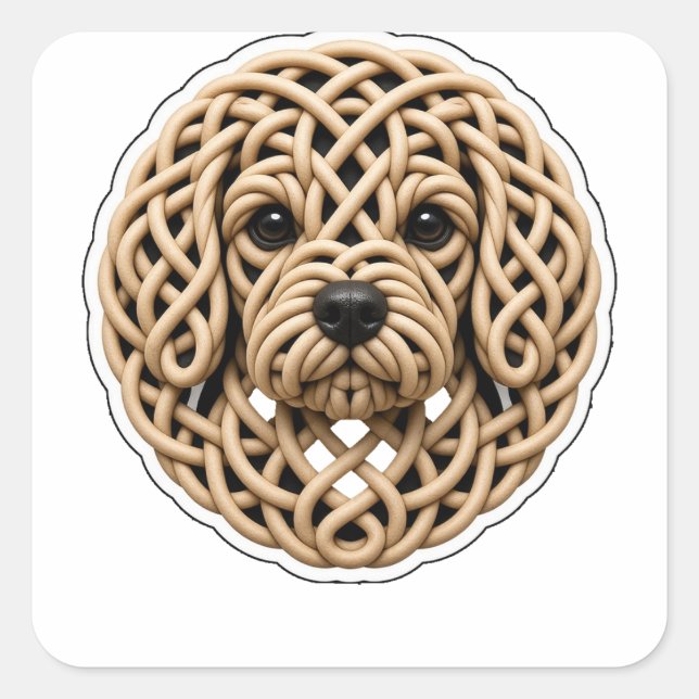 Pegatina Cuadrada Cara de Cavapoo con Nudo Celta (Anverso)