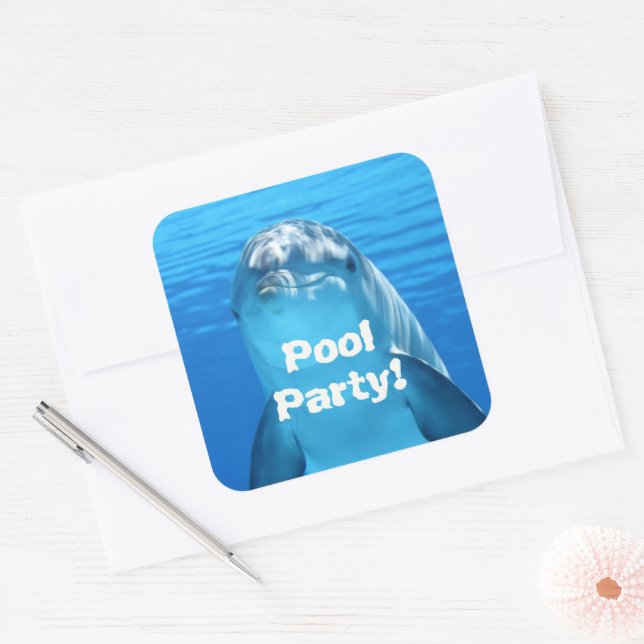 Pegatina Cuadrada Cara de delfín Fiesta de cumpleaños en la piscina  (Sobre)