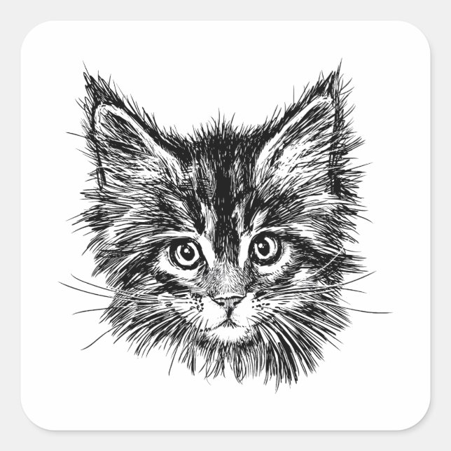 Pegatina Cuadrada Cara de gatito negro y blanco (Anverso)