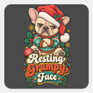Pegatina Cuadrada Cara de Gruñón Descansando Bulldog Francés Navidad
