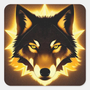 Pegatina Cuadrada Cara de Lobo Radiante Iluminada por Luz Dorada
