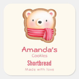Pegatina Cuadrada Cara de oso suave en una cookie de Navidades de la