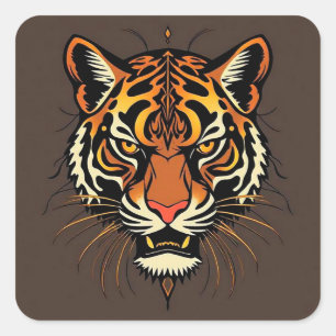 Pegatina Cuadrada Cara de Tigre con Patrones Tribales
