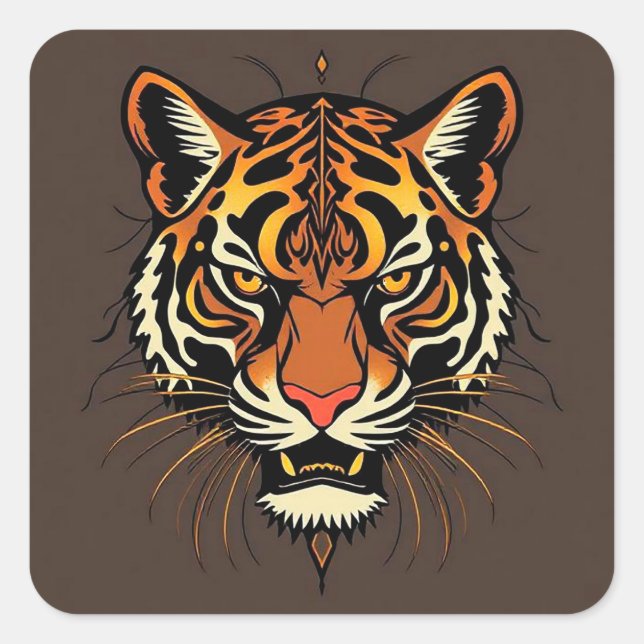 Pegatina Cuadrada 🐅 Cara de Tigre Tribal Patrón Audaz Arte Animal � (Anverso)