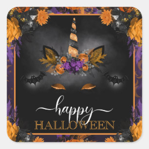 Pegatina Cuadrada Cara de Unicornio Floral de Otoño Feliz Halloween