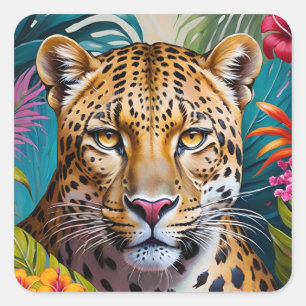 Pegatina Cuadrada Cara leopardo en flores