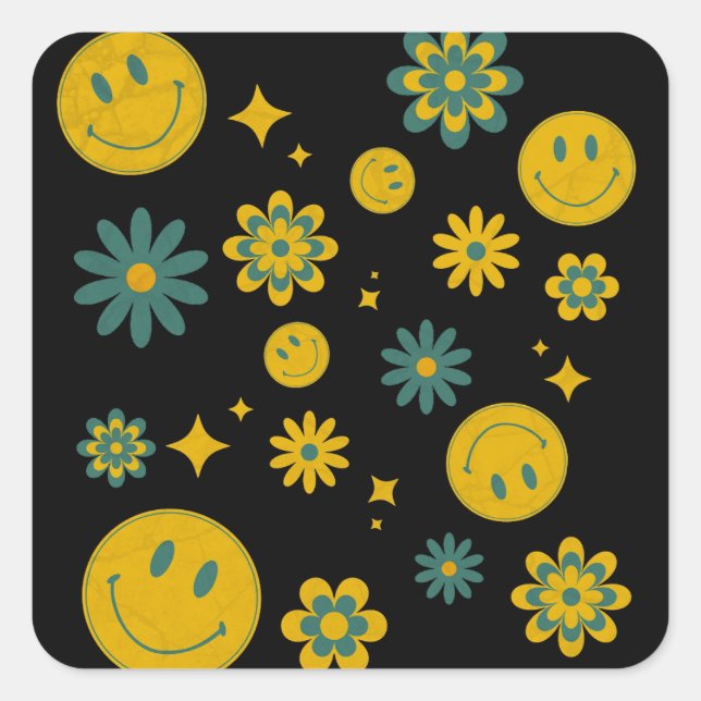 Pegatina Cuadrada cara sonriente divertida y flores maravillosas (Anverso)