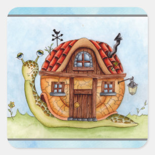 Pegatina Cuadrada Caracol Con Casa En La Clase De Pintura De Color D