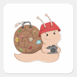 Pegatina Cuadrada Caracol de Aventura con Cámara Dibujo Animado de V