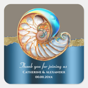 Pegatina Cuadrada Caracol de oro azul marino Gracias