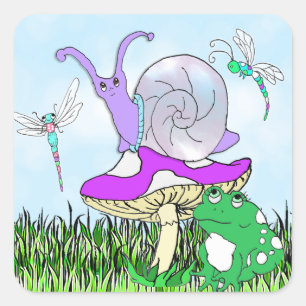 Pegatina Cuadrada Caracol morado, rana y libélulas