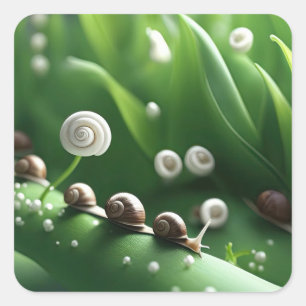 Pegatina Cuadrada Caracoles alineados sobre plantas verdes