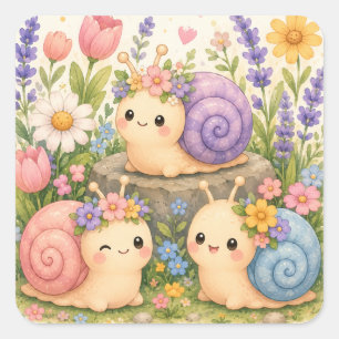 Pegatina Cuadrada Caracoles kawaii lindos con flores