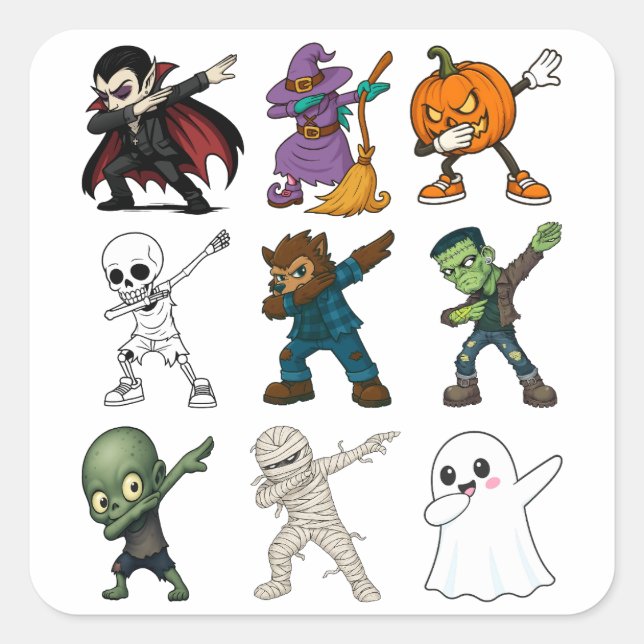 Pegatina Cuadrada Caracteres divertidos de Halloween Dabbing (Anverso)