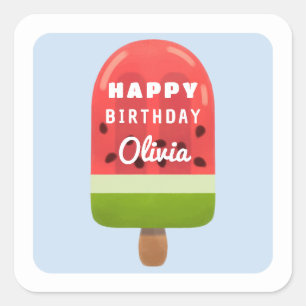 Pegatina Cuadrada Caramelo de Melón Mono Cumpleaños Feliz