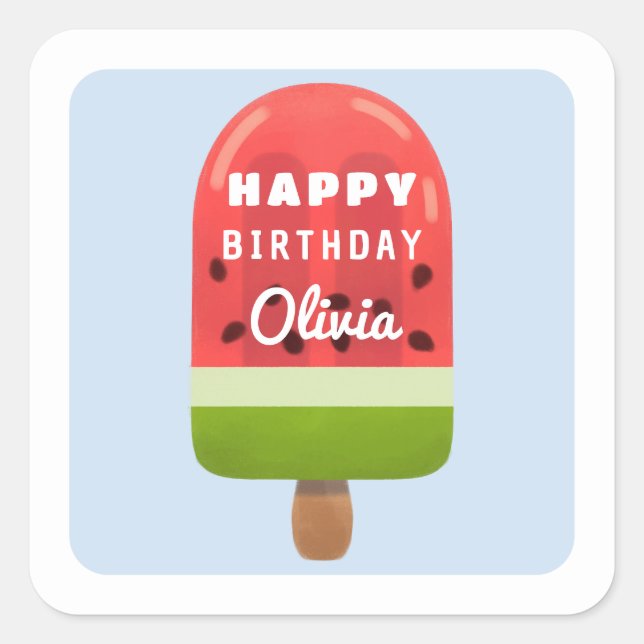 Pegatina Cuadrada Caramelo de Melón Mono Cumpleaños Feliz (Anverso)