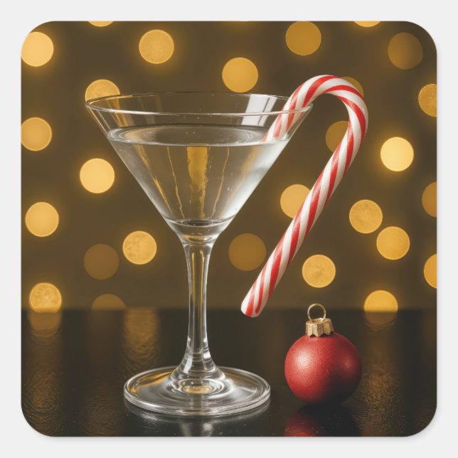 Pegatina Cuadrada Caramelo de Navidad en una copa de Martini (Anverso)