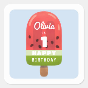Pegatina Cuadrada Caramelo De Sandía Mono Cumpleaños Feliz