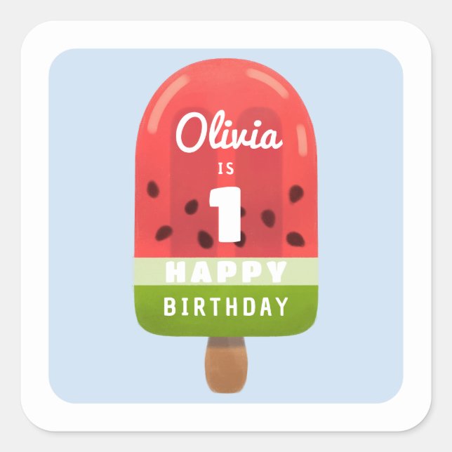Pegatina Cuadrada Caramelo De Sandía Mono Cumpleaños Feliz (Anverso)