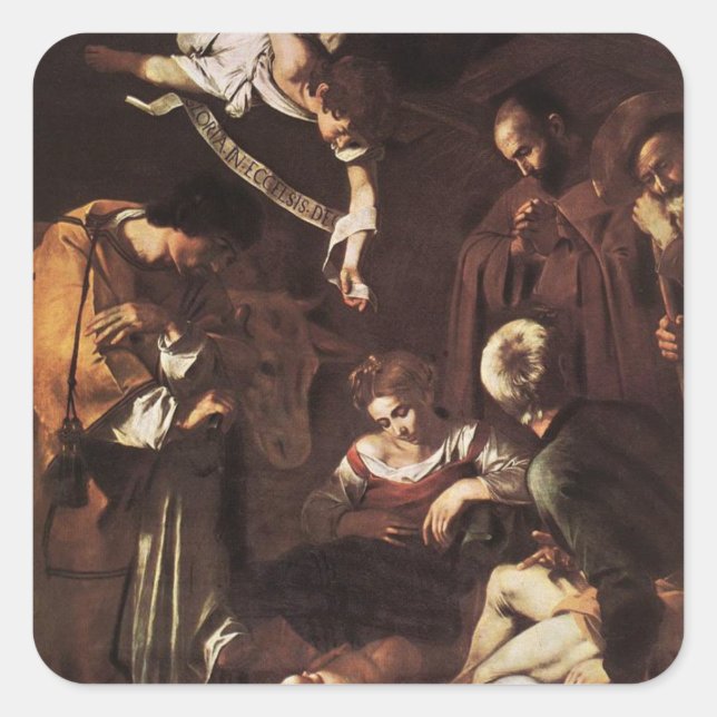 Pegatina Cuadrada Caravaggio -Natividad con San Francisco y San Lore (Anverso)