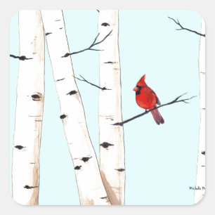 Pegatina Cuadrada Cardenal con árboles bircos