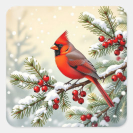 Pegatina Cuadrada Cardenal de Navidad en rama de pino nevada