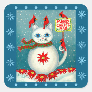 Pegatina Cuadrada Cardenal de Navidad Snowcat Poinsettia Muñeco de N