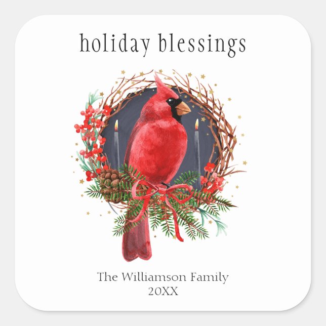 Pegatina Cuadrada Cardenal de Navidades de Holiday Blesss Wreath Yul (Anverso)