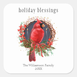 Pegatina Cuadrada Cardenal de Navidades de Holiday Blesss Wreath Yul