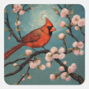 Pegatina Cuadrada Cardenal en un almendro floreciente
