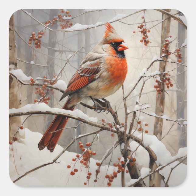 Pegatina Cuadrada Cardenal femenino en invierno (Anverso)
