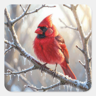 Pegatina Cuadrada Cardenal Posado en Rama Invernal con Carámbanos