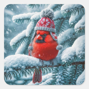 Pegatina Cuadrada Cardenal Rojo con Gorra de Invierno
