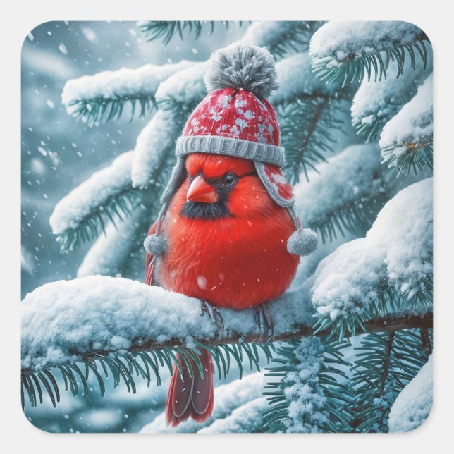 Pegatina Cuadrada Cardenal Rojo con Gorra de Invierno (Anverso)
