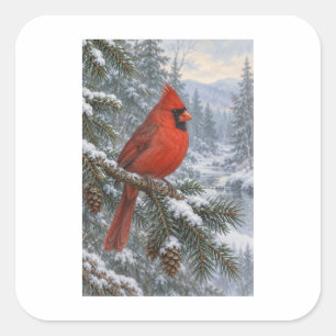 Pegatina Cuadrada Cardenal Rojo en un paisaje boscoso nevado